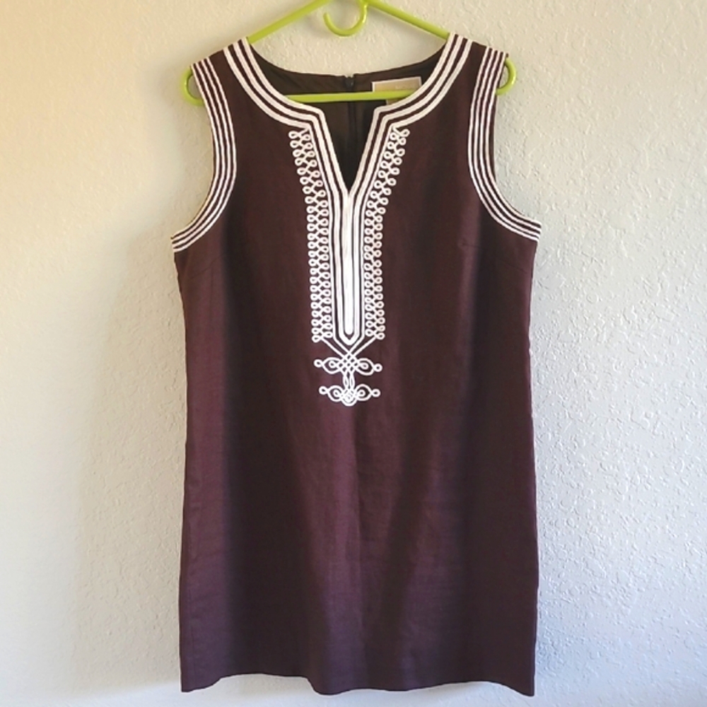 Michael Kors Mocha Brown Linen Dress with White I. Sz.12. Like New.